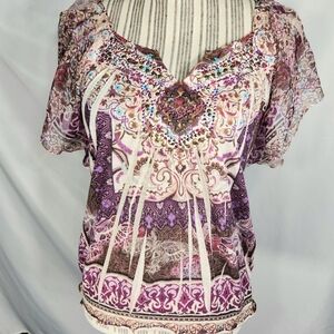 Apt. 9 Multicolored Notched Neck Flutter Sleeve Studded BOHO Top Size Small